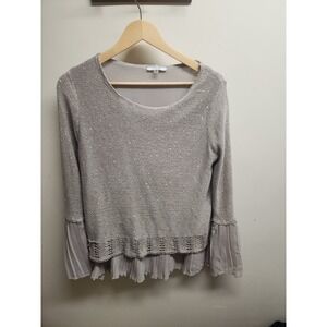 Sioni Beaded Knit Sweater with Pleated Chiffon Trim Bell Sleeves Beige M